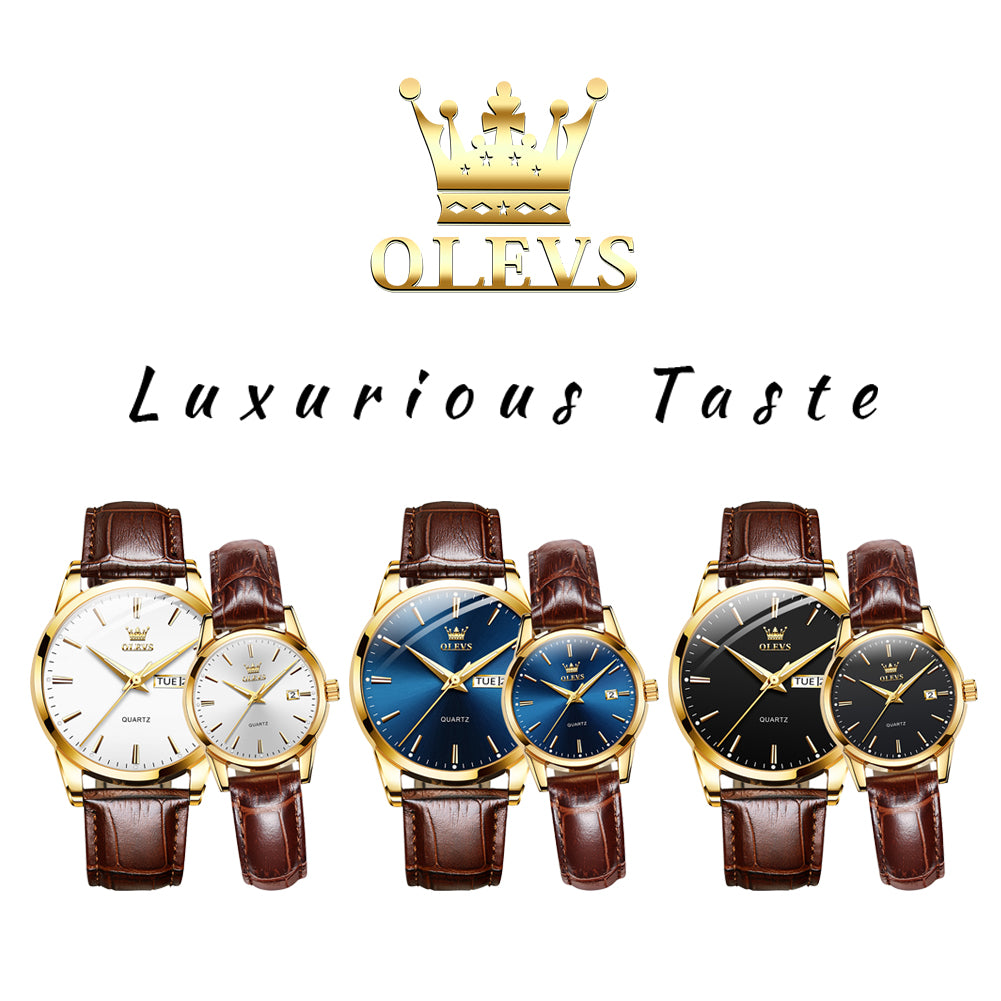 OLEVS Couple Watches - Classic Brown Leather, Analog Quartz, Romantic Waterproof Date Pair Watch for Men and Women