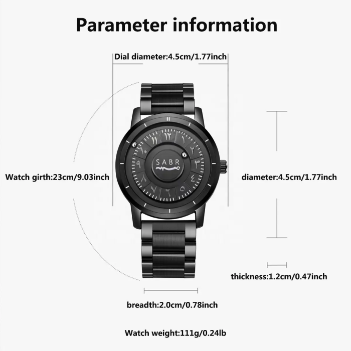 SABR Magnetic Ball Watch for Men. Luxury Black Steel Strap, Minimal Arabic Numerals, Fashion Business Casual Timepiece