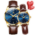 OLEVS Couple Watches - Classic Brown Leather, Analog Quartz, Romantic Waterproof Date Pair Watch for Men and Women
