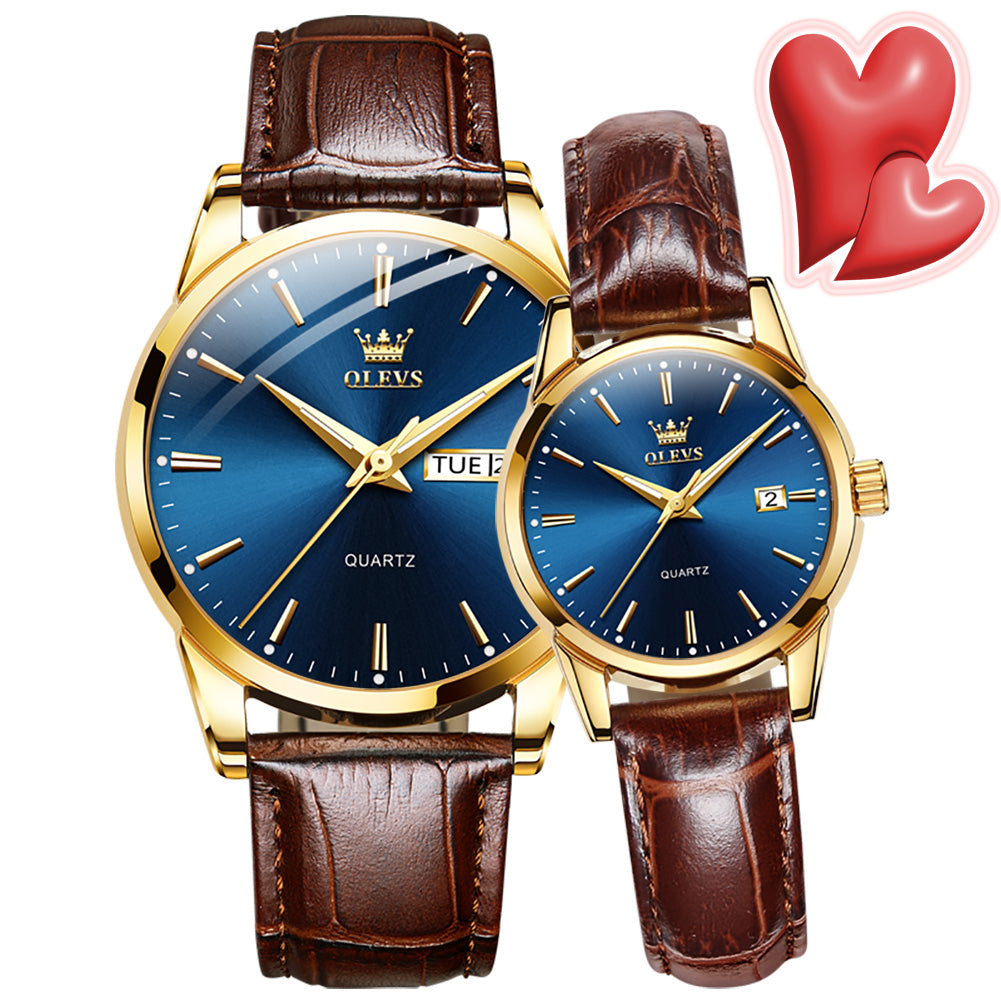 OLEVS Couple Watches - Classic Brown Leather, Analog Quartz, Romantic Waterproof Date Pair Watch for Men and Women