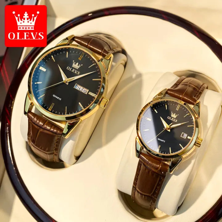 OLEVS Couple Watches - Classic Brown Leather, Analog Quartz, Romantic Waterproof Date Pair Watch for Men and Women