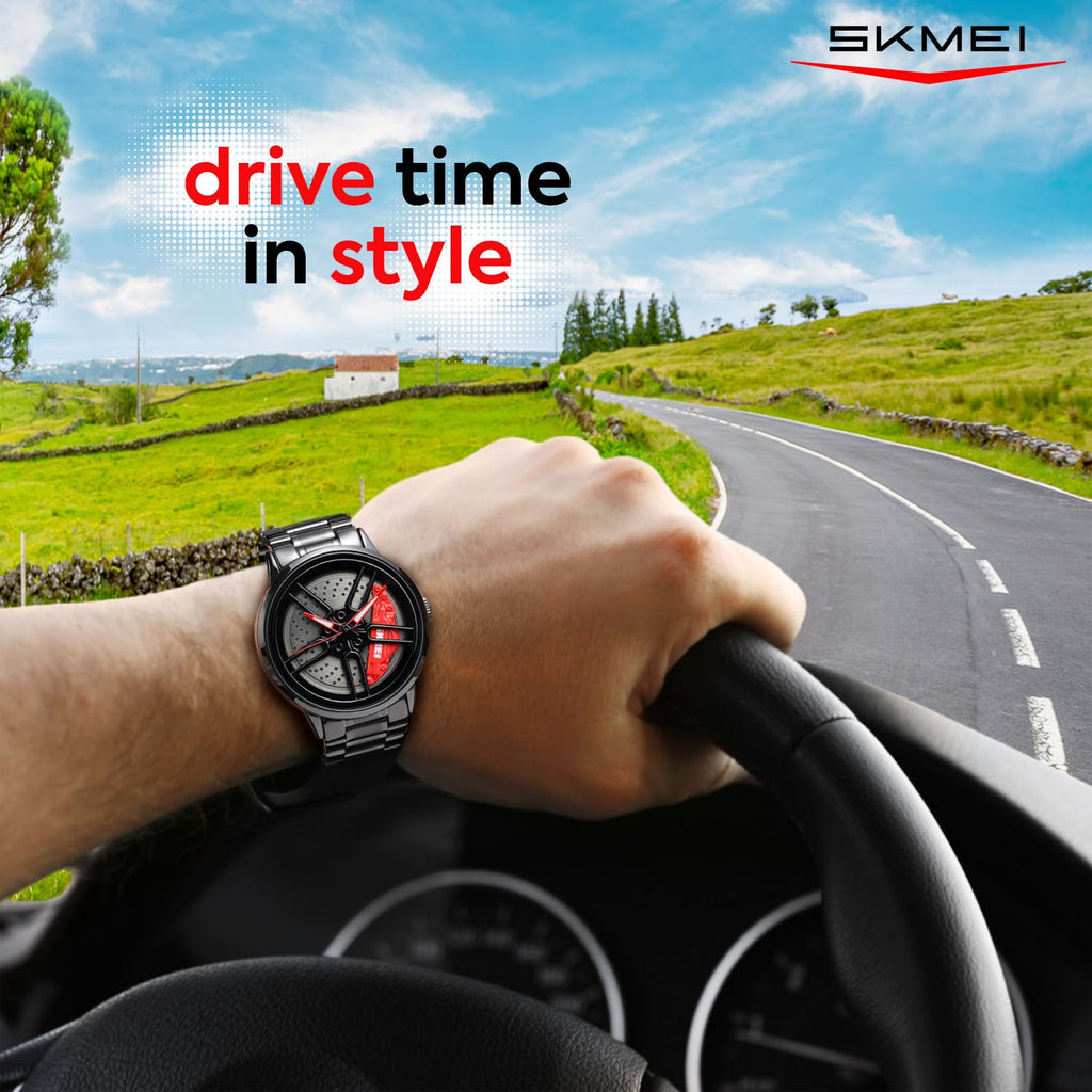 SKMEI  Men Racing Watches rotatable Car Rim Wheel hub Design Sports Watches Stainless Steel Waterproof Watch