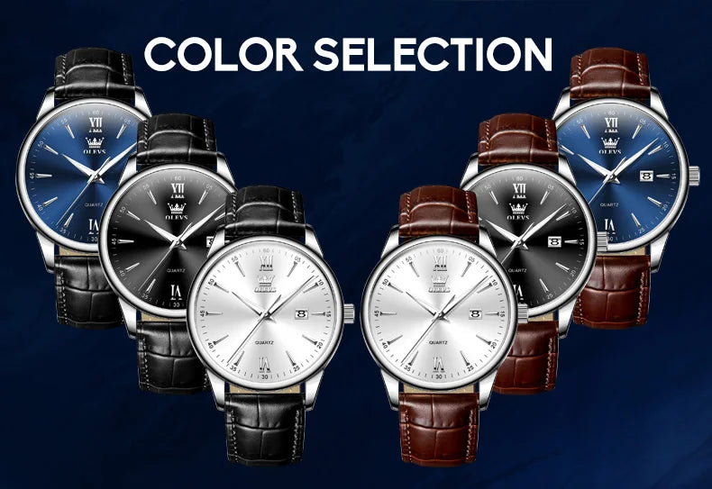 OLEVS Men Watch Leather Strap Classic Dress Large Face Analog Quartz Date&Luminous.