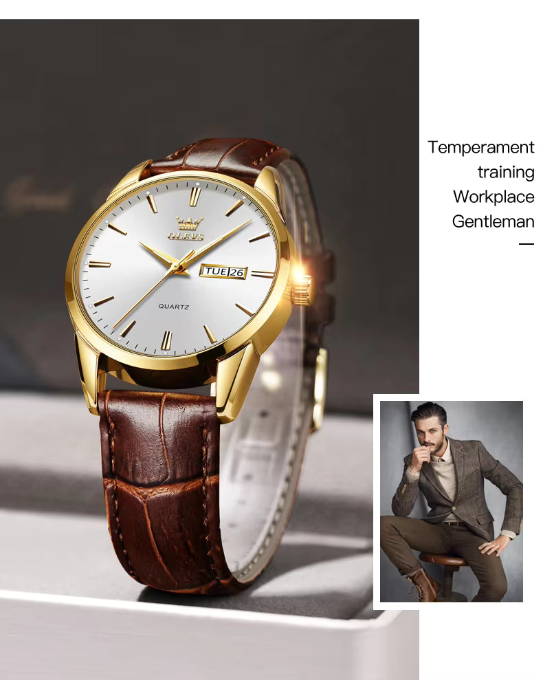 OLEVS Men Watch Leather Strap Classic Dress Large Face Analog Quartz Date&Luminous.