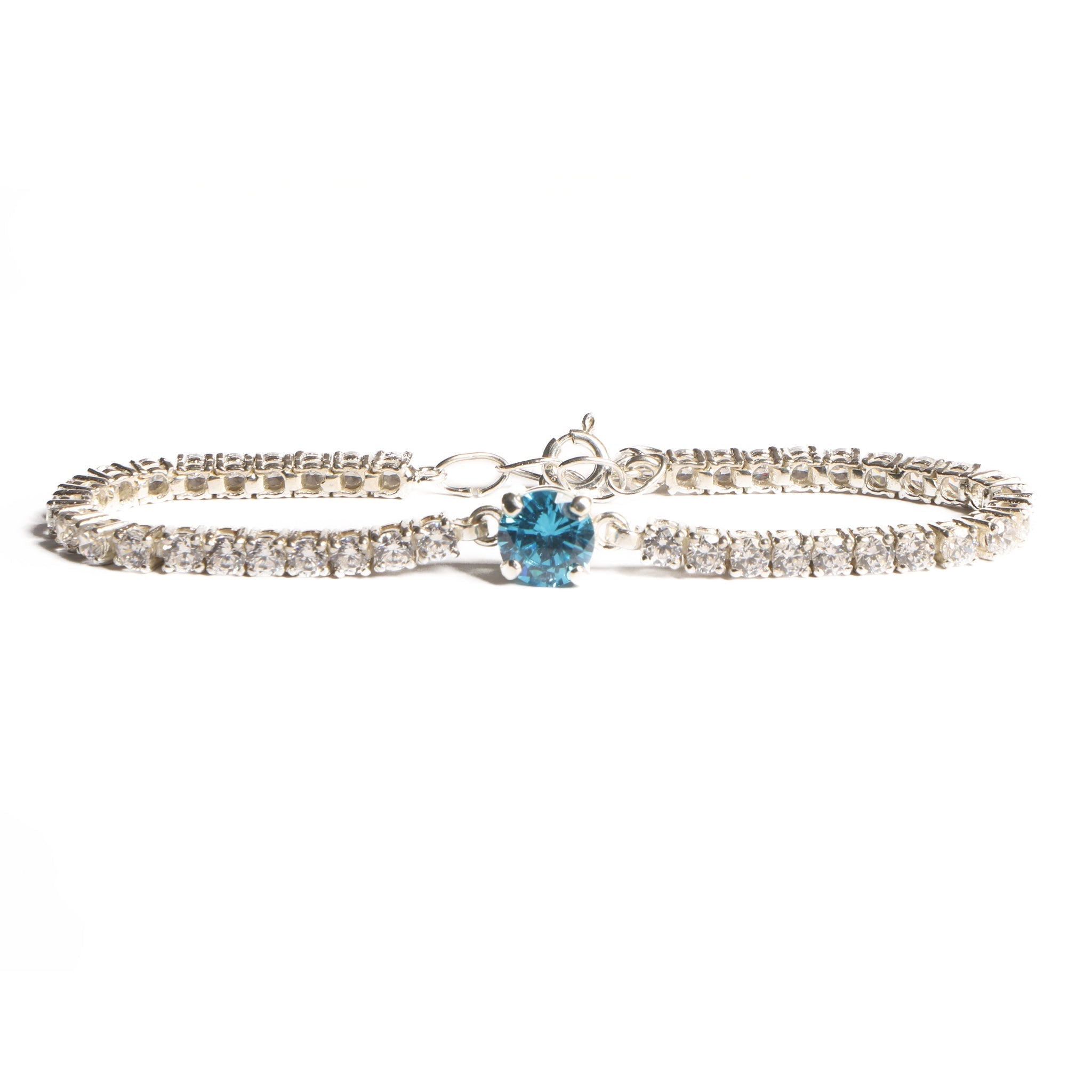 Elegant Silver Tennis Bracelet with Blue Crystal Centerpiece